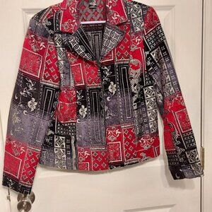 Molly & Maxx Womens Blazer Small Brocade Tapestry Zip Front Red Black
